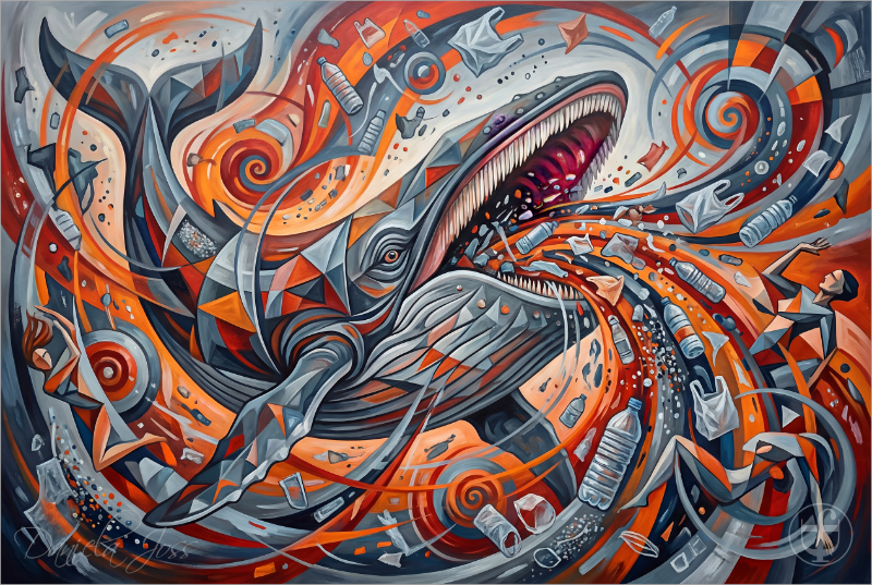 Abstrakt, Surreal – Walfisch würgt Müll aus seinem Maul von Daniela Joss.