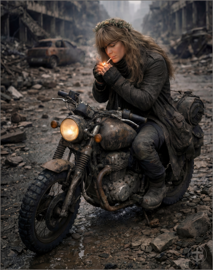 Junge Frau sitzt auf einer Royal Enfield und zündet sich eine Zigarette an von Daniela Joss..