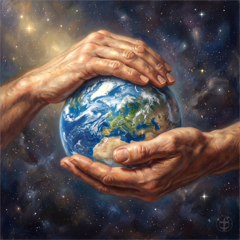 Zwei Hände halten schützend die Erde im Universum von Daniela Joss.