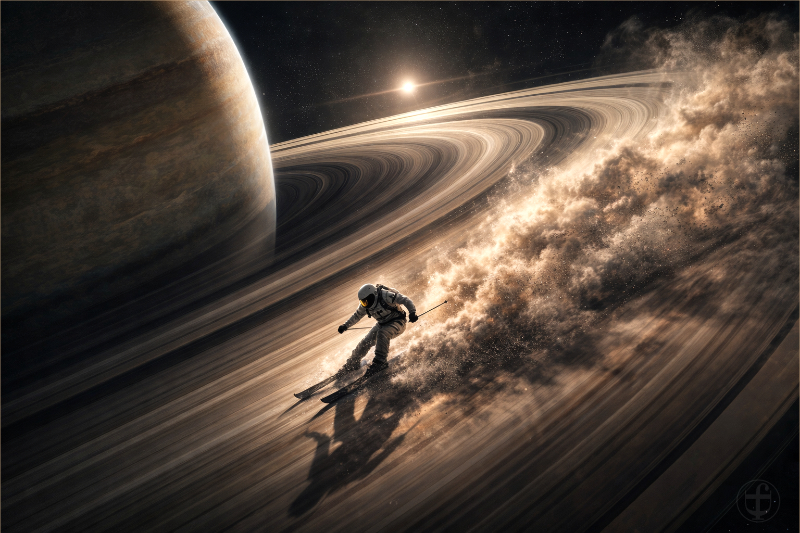 Auf den Ringen des Saturns fährt ein Astronaut Ski von Daniela Joss.