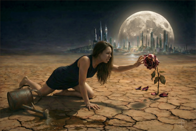 Ein ausgetrockneter Planet mit einer einsam blühenden Rose von Daniela Joss.