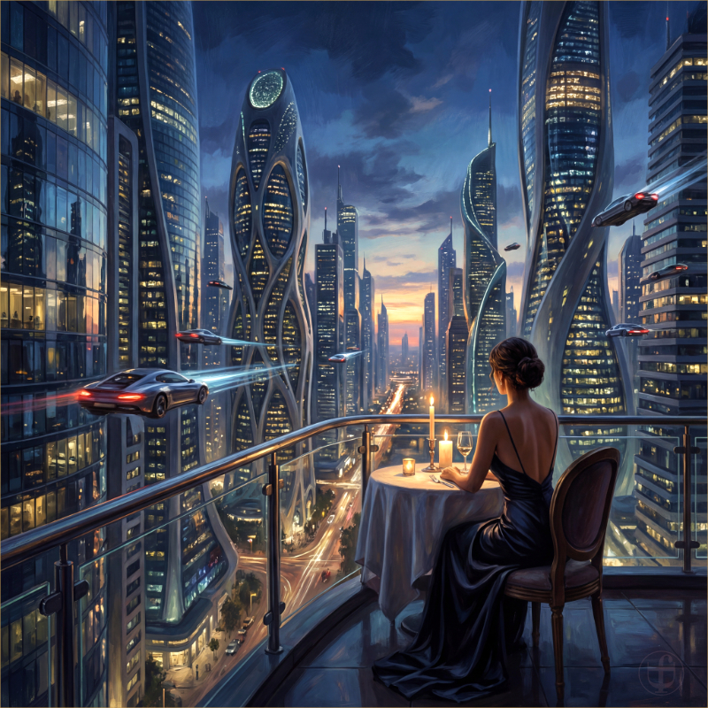 Futuristisches Stadtbild, Tisch mit Kerze und Frau im Abendkleid von Daniela Joss.