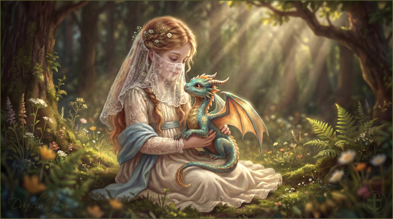 Gedankentruhe – Eine Prinzessin hält einen kleinen Drachen auf ihrem Schoss von Daniela Joss