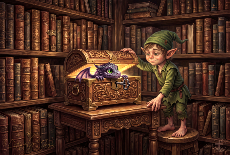 Tim der Elf öffnet in einer Bibliothek die Gedankentruhe von Daniela Joss.