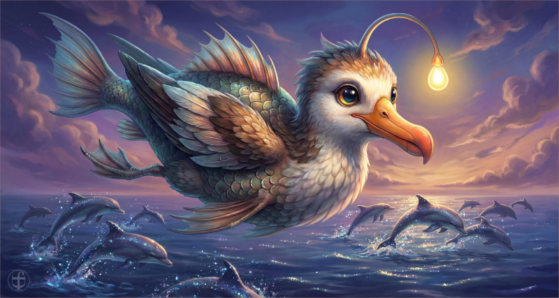 Ein Fabeltier bestehend aus Albatros und Tiefsee-Laternenfisch von Daniela Joss.