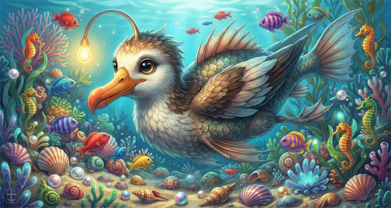 Ein Fabeltier bestehend aus Albatros und Tiefsee-Laternenfisch von Daniela Joss.