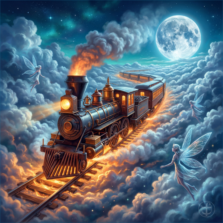 Ein Zug von einer Dampflokomotive gezogen fährt auf Schinen durch die Wolken von Daniela Joss.