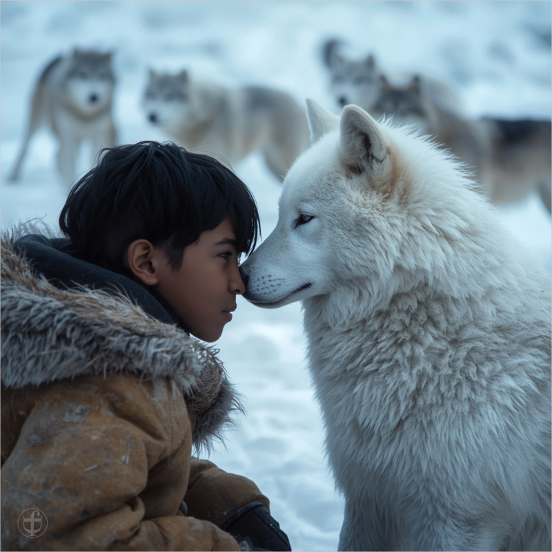 Inuit Junge mit einem weissen Wolf von Daniela Joss.