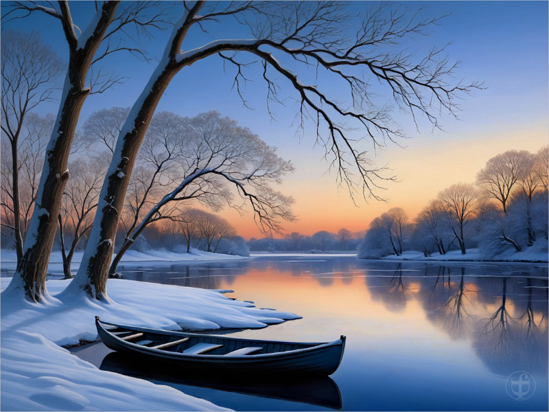 Winterlicher See mit Boot in der Abendstimmung von Daniela Joss.