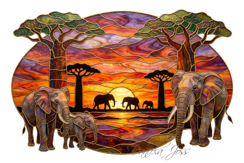 Buntglas – Afrikanische Savannenlandschaft mit Elefanten bei Sonnenuntergang von Daniela Joss.