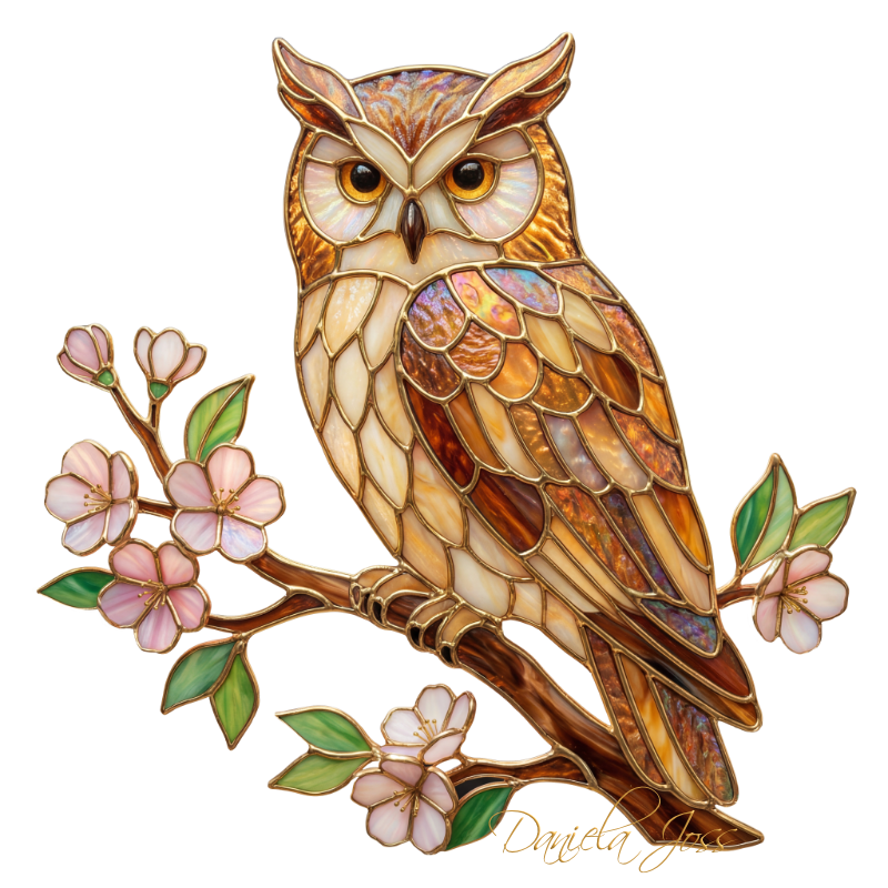 Buntglas – Waldohreule auf Apfelbaumblüten von Daniela Joss.