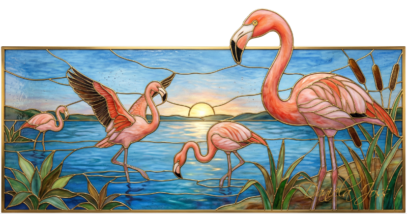 Buntglas – Flamingos auf Futtersuche am See von Daniela Joss.