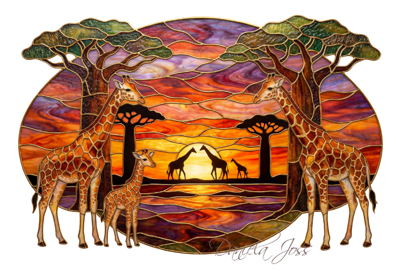 Buntglas – Afrikanische Savannenlandschaft mit Giraffen bei Sonnenuntergang von Daniela Joss.