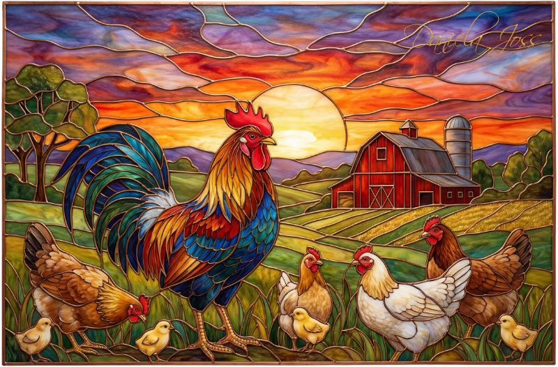 Buntglas – Hahn, Hennen und Küken auf dem Bauernhof von Daniela Joss.