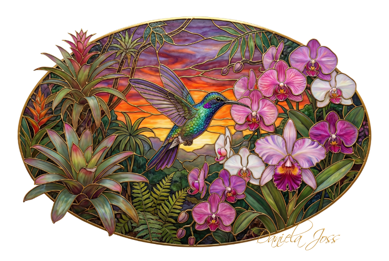 Buntglas – Kolibri umgeben von Bromelien und Orchideen von Daniela Joss.