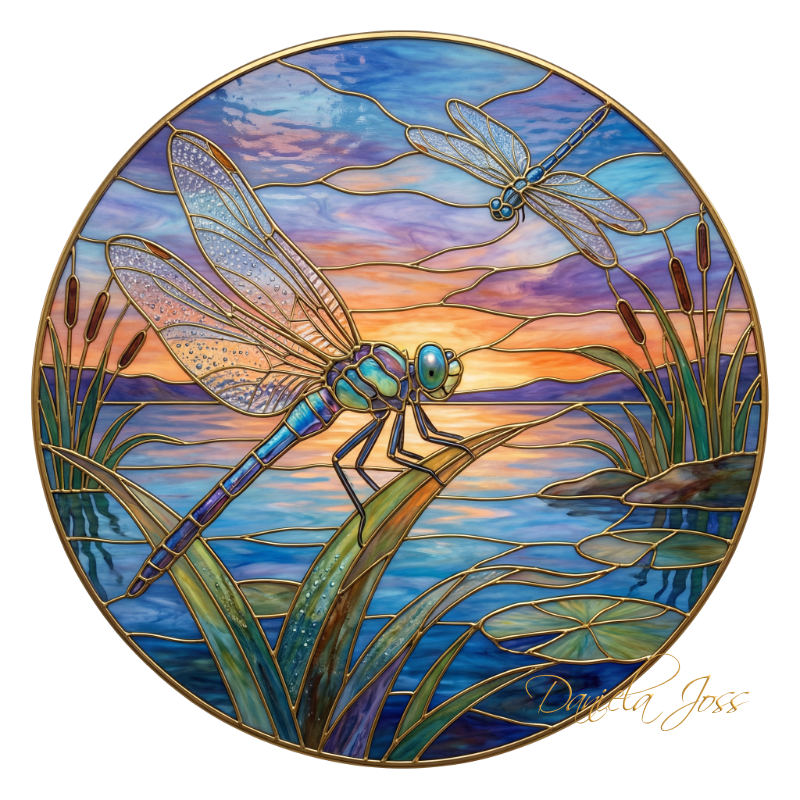 Buntglas – Königslibelle am rasten auf einer Wasserpflanze von Daniela Joss.