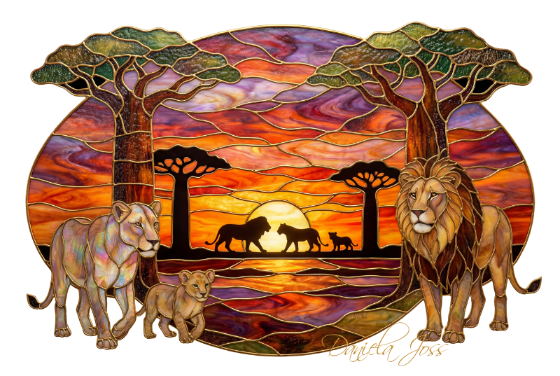 Buntglas – Afrikanische Savannenlandschaft mit Löwen bei Sonnenuntergang von Daniela Joss.