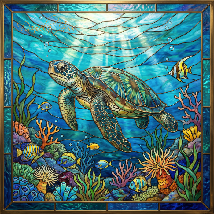 Buntglas – Meeresschildkröte umgeben von Fischen und Korallen von Daniela Joss.