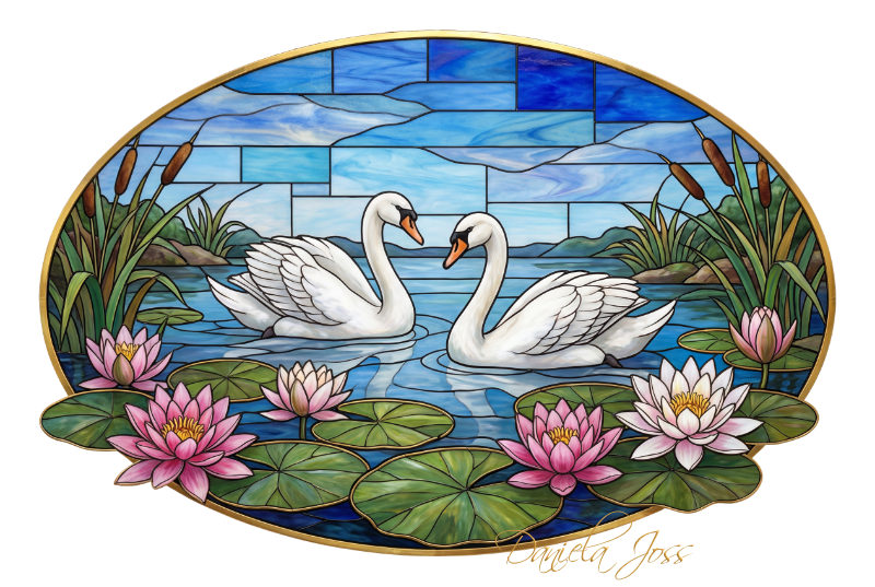 Buntglas – Seerosenteich mit Schwänen von Daniela Joss.