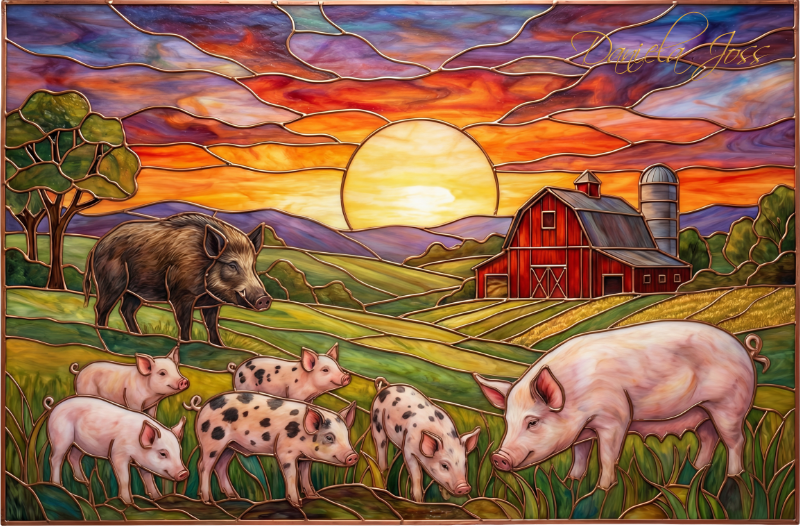 Buntglas – Schweinefamilie auf Futtersuche von Daniela Joss.