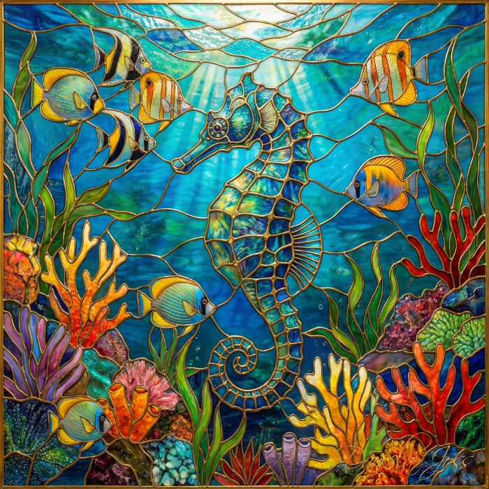 Buntglas – Seepferdchen umgeben von Fischen und Korallen von Daniela Joss.