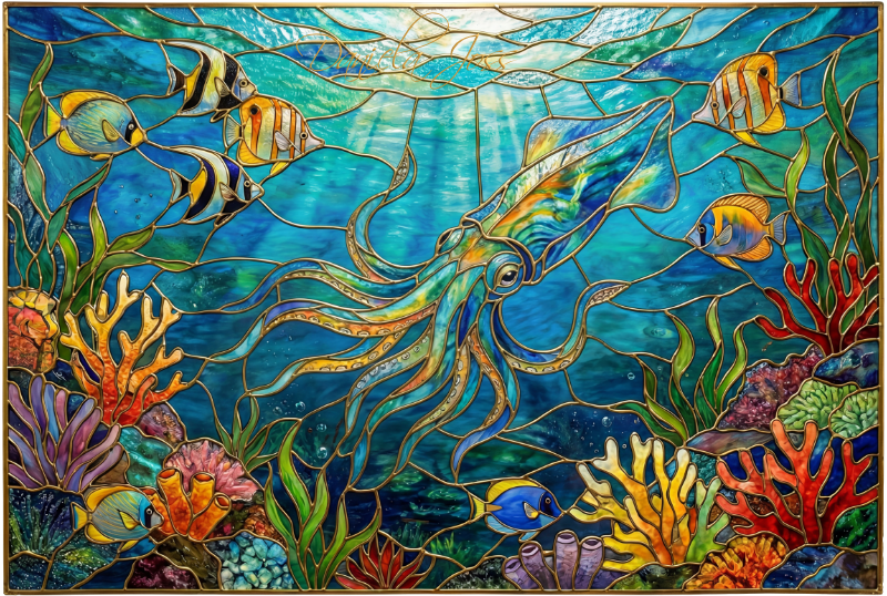 Buntglas – Tintenfisch umgeben von Fischen und Korallen von Daniela Joss.