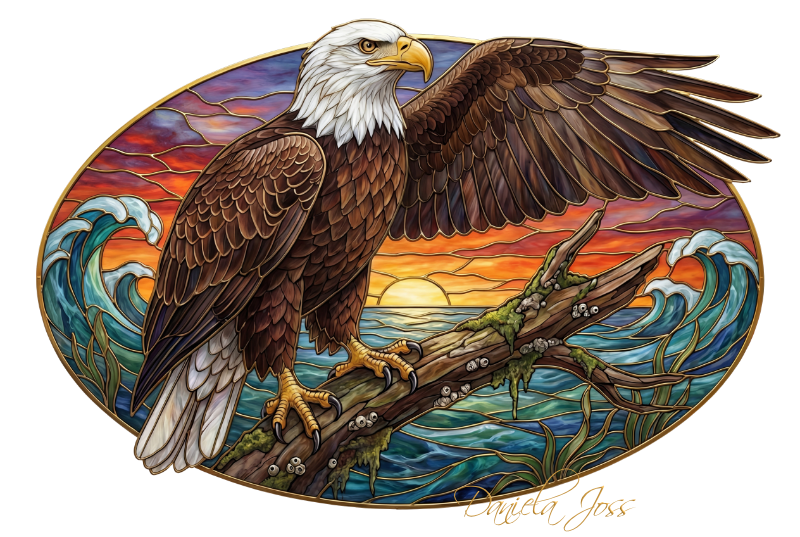 Buntglas – Weisskopfseeadler auf einem Treibholzstamm vor einer Meereskulisse von Daniela Joss.