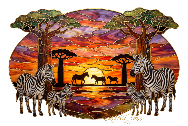 Buntglas – Afrikanische Savannenlandschaft mit Zebras bei Sonnenuntergang von Daniela Joss.