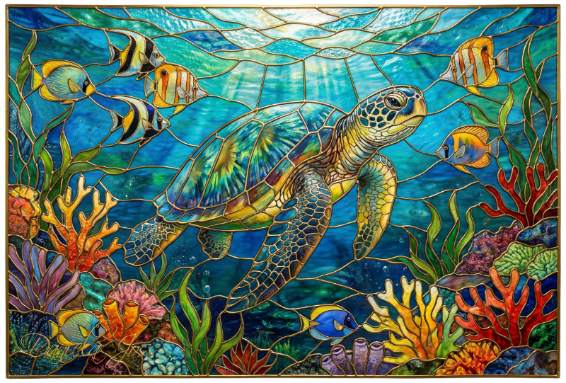 Buntglas – Meeresschildkröte umgeben von Fischen und Korallen von Daniela Joss.