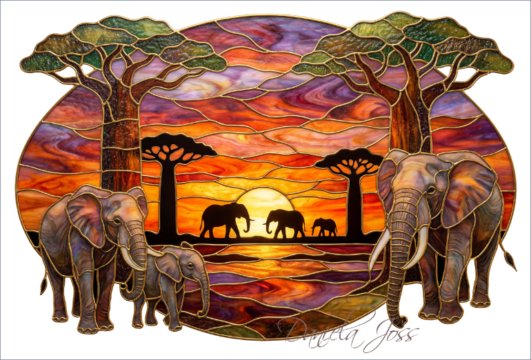 Buntglas – Afrikanische Savannenlandschaft mit Elefanten bei Sonnenuntergang von Daniela Joss.
