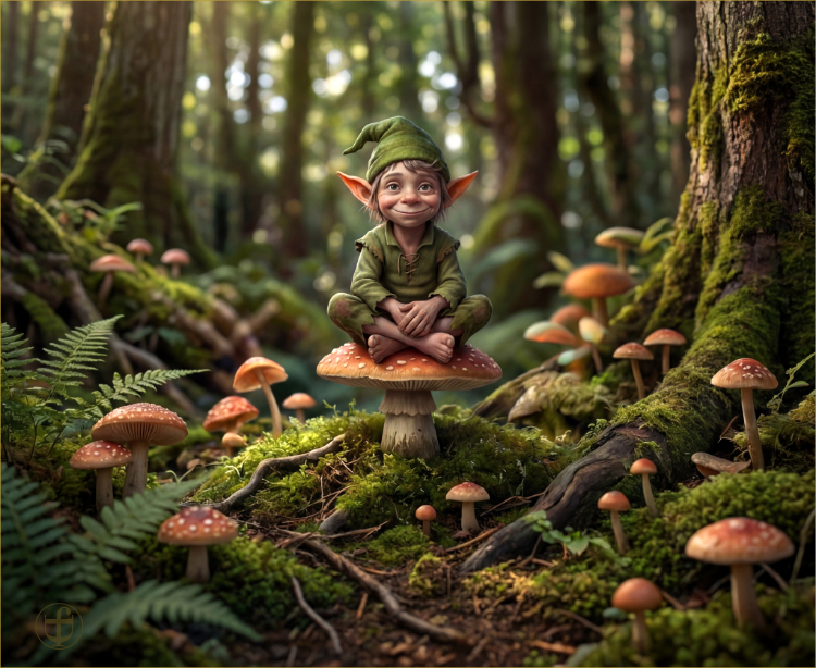 Tim sitzt im Wald auf einem Fliegenpilz.