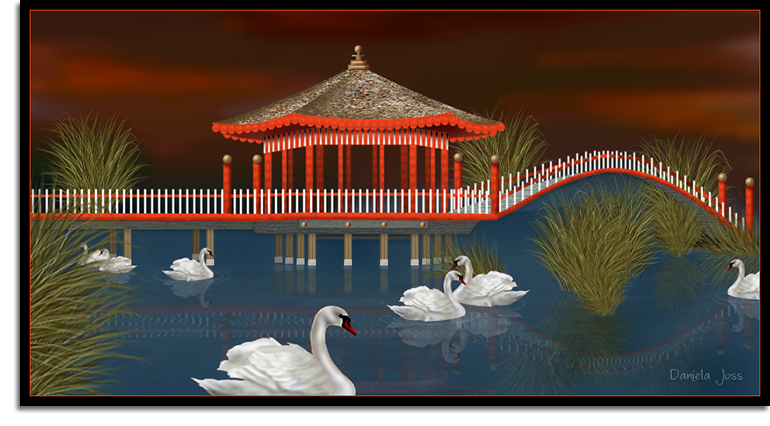 Chinesischen Pavillon auf Stelzen über einem ruhigen See mit Schwänen von Daniela Joss.