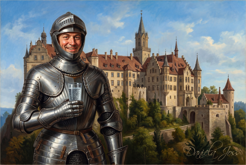 Durstiger Ritter mit Wasserglas in der Hand vor Schloss Hohenzollern von Daniela Joss