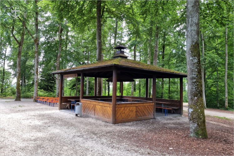 Gartentische und Sitzbänke im Wald und ein Unterstand von Daniela Joss
