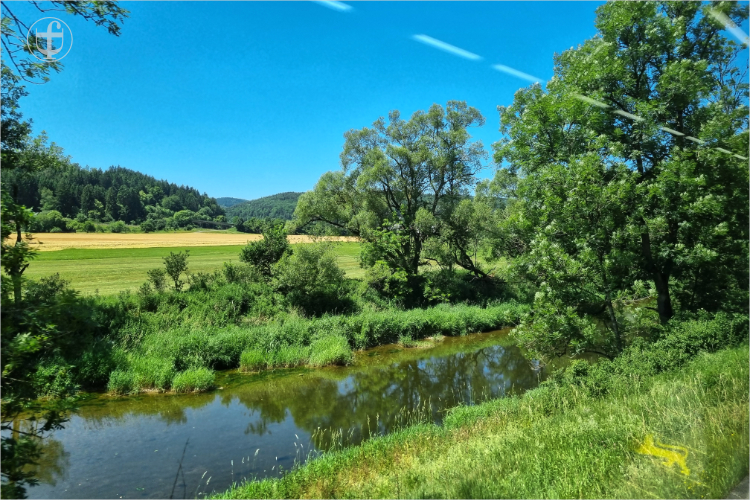 Die junge Donau gesäumt von Bäumen, Feldern und Wiesen von Daniela Joss