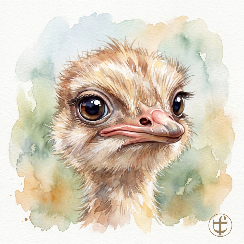 Tierkind-Aquarell, Strauss, Struthio, Hahn, Henne