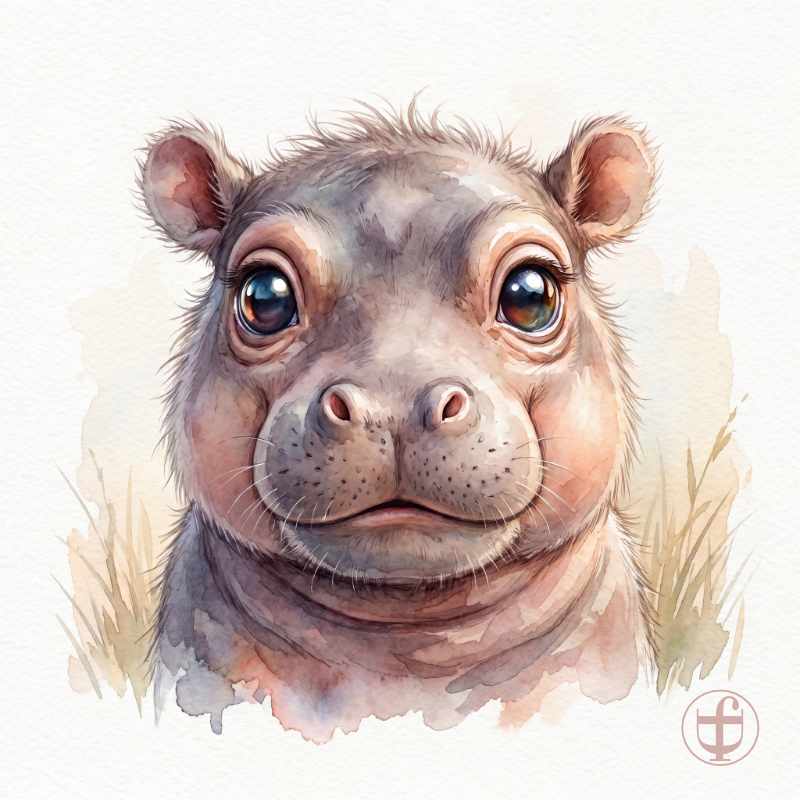 Tierkind-Aquarell, Flusspferd, Hippopotamus amphibius