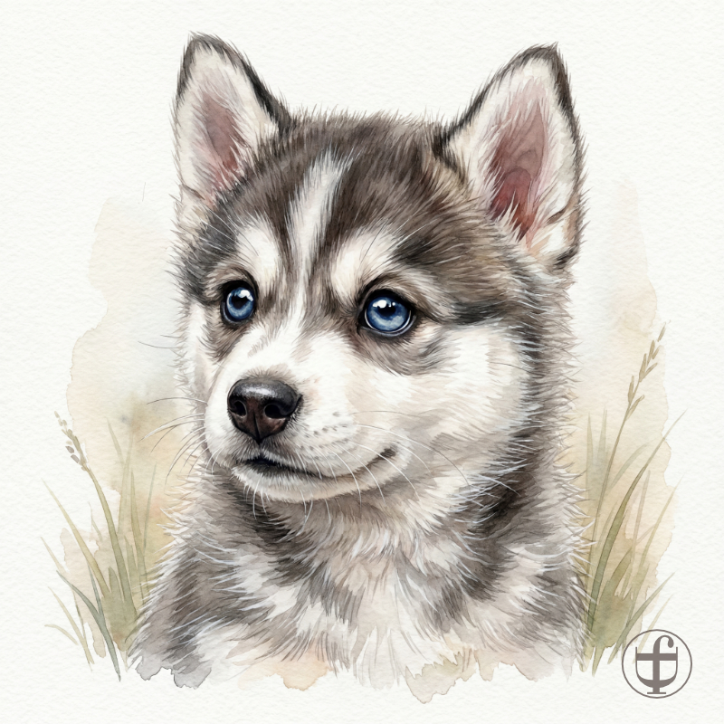 Tierkind-Aquarell, Husky, Hund, Canis lupus familiaris
