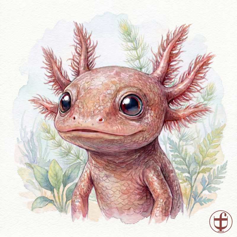 Tierkind-Aquarell, Axolotl, Schwanzlurch, Querzahnmolch, Ambystomatidae