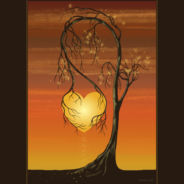 Ein Baum hält behutsam mit seinen Ästen eine Sonne in Herzform fest.